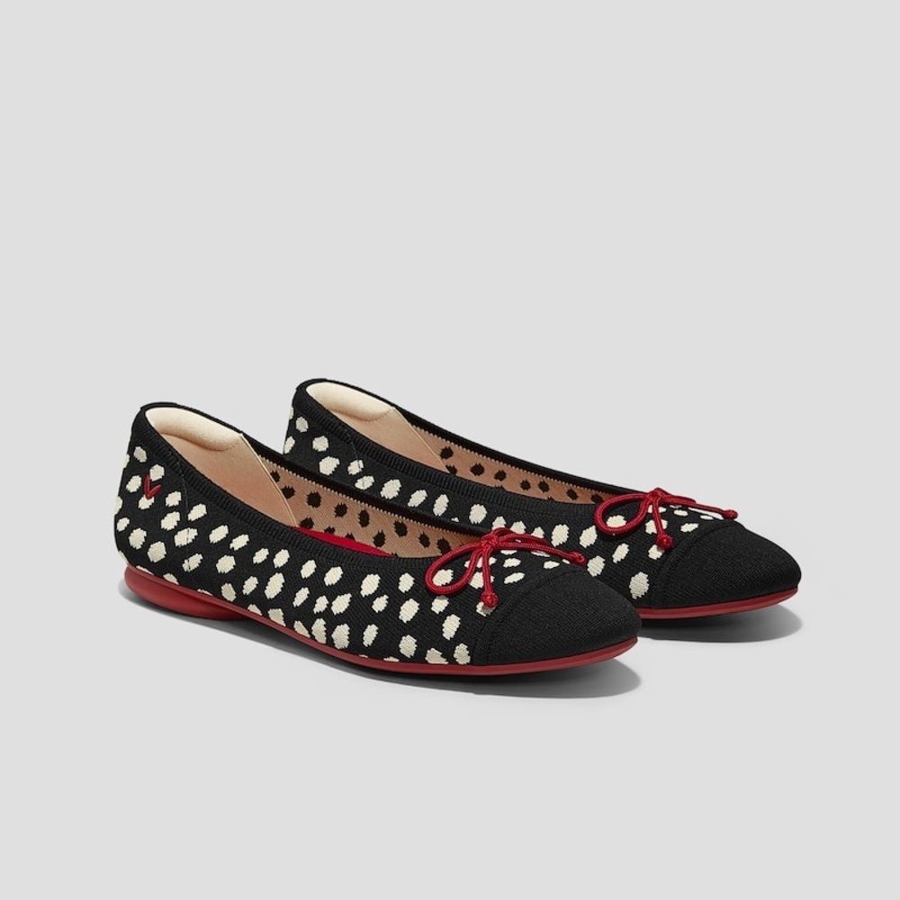 Vivaia Almond-Toe Bow Flats Tiana Women’s Sz EU 37 = US 6.5 Black Red Polka Dot